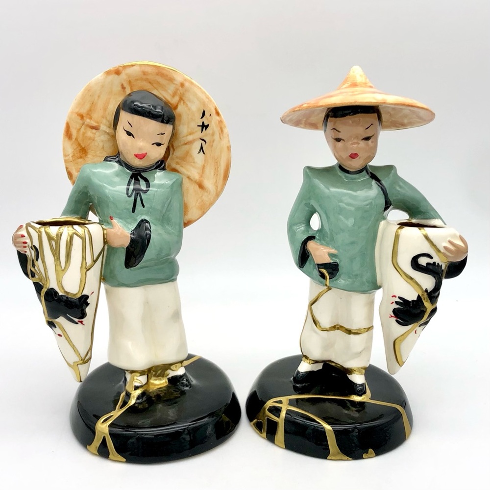 Vilas Asian Statuette Pair Kintsugi Repaired Gold Crack Art Growth Gift MCM